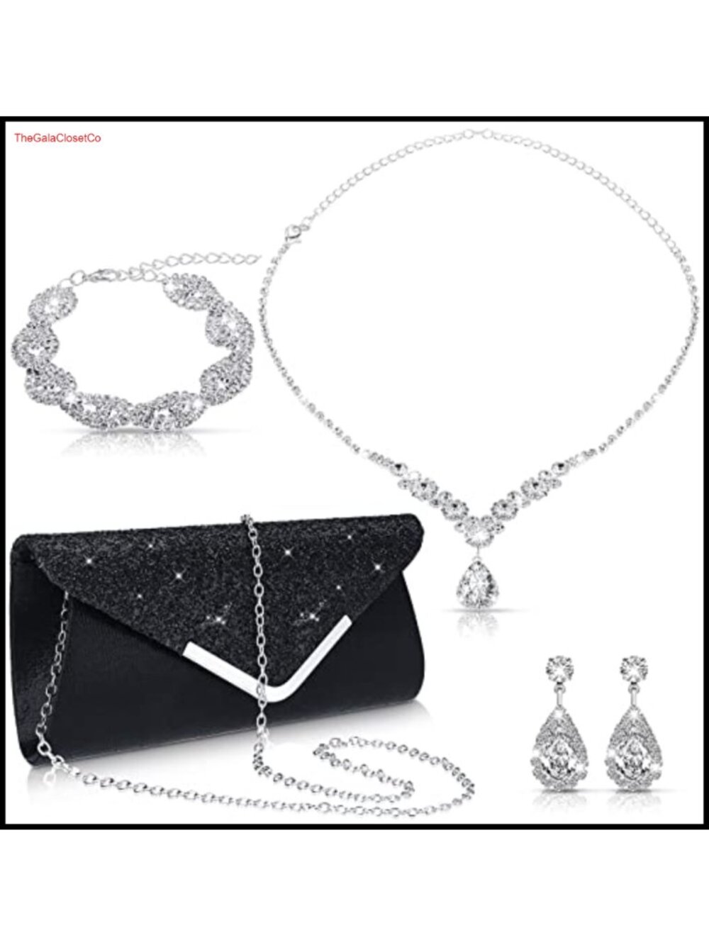 Rhinestone Jewelry Set 4 Pc Necklace Earrings Bracelet Evening Bag